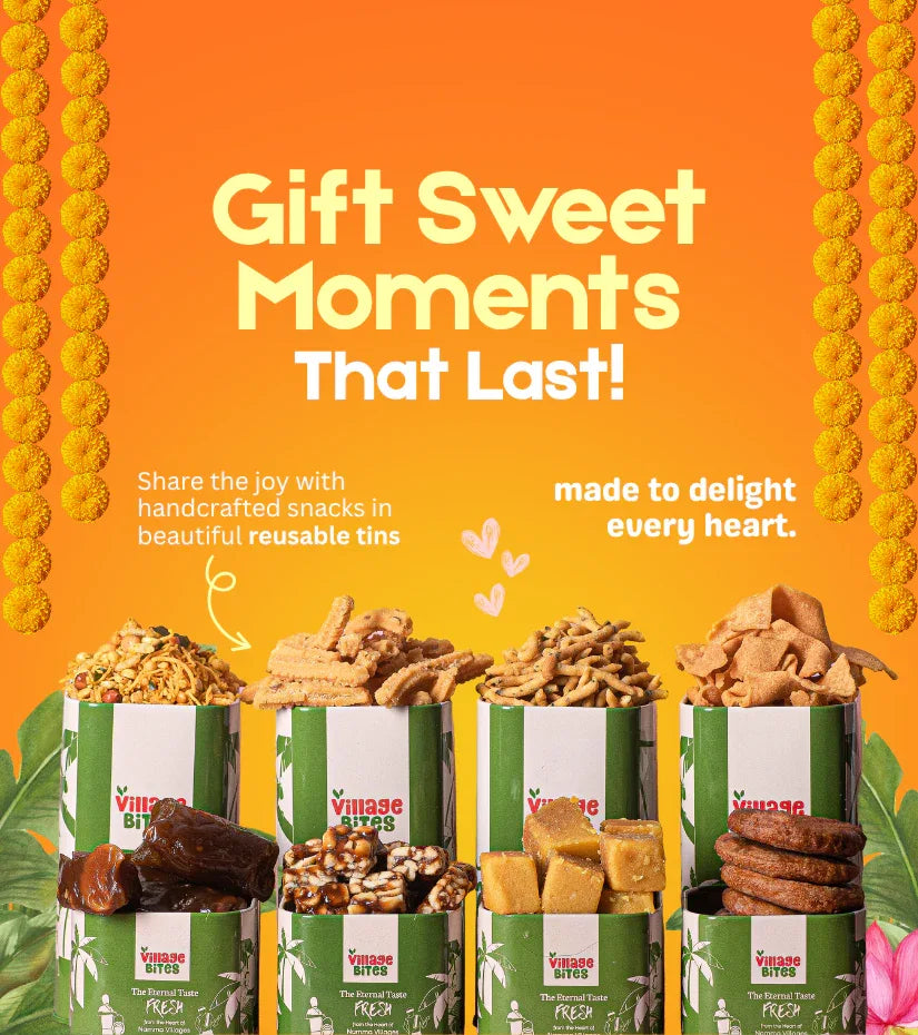 Promotional image of Village Bites snack tins with text on an orange background