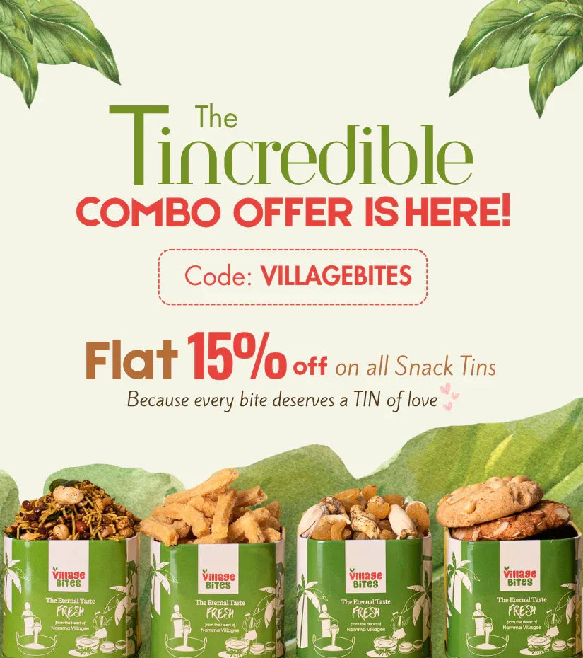 Village Bites combo offer banner showing assorted snack tins with flat 15% off