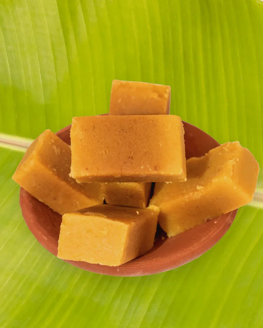 Closeup of soft, tasty Mysore Pak showing rich texture