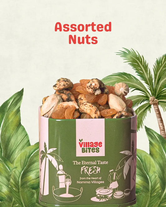 The Village Bites assorted mixed nuts festive tin online – premium dry fruit snack