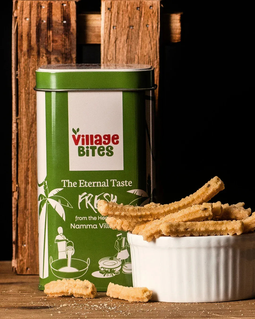 Butter murukku packed in The Village Bites box – crispy snack