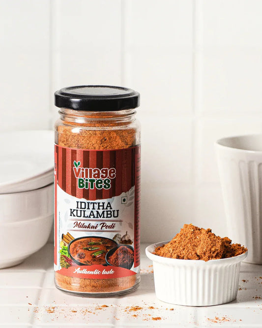 Kulambu milagai podi packed fresh, traditional South Indian curry chilli powder