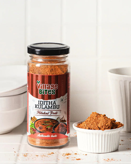 Kulambu milagai podi packed fresh, traditional South Indian curry chilli powder