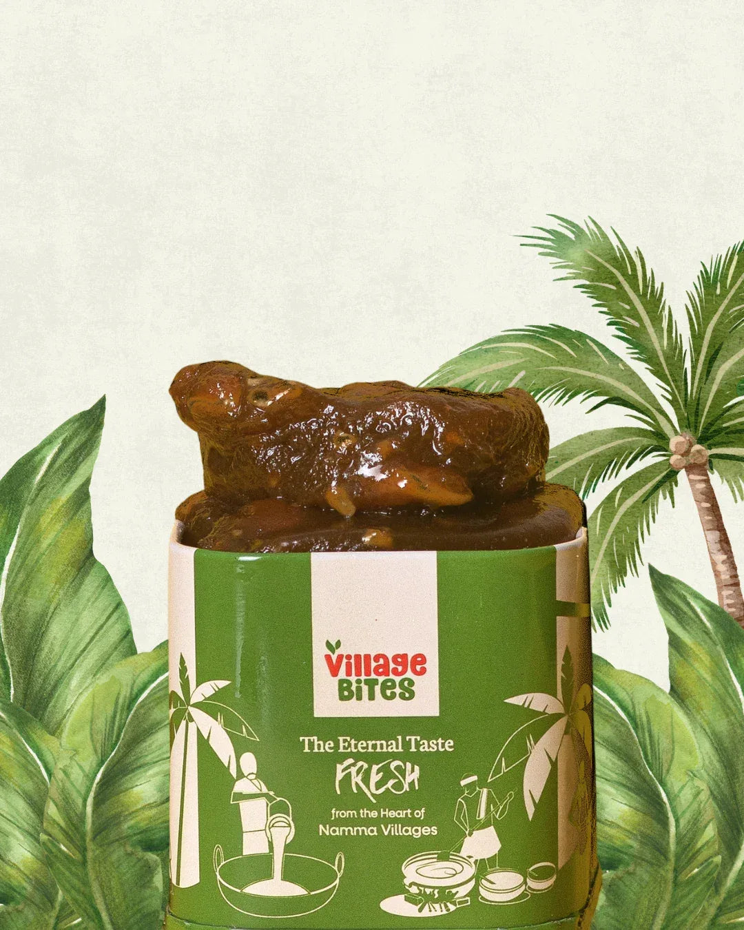 Closeup of rich, glossy Tirunelveli halwa placed beside The Village Bites box 