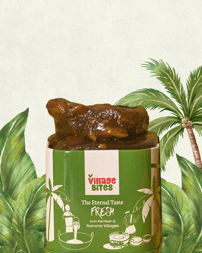 Closeup of rich, glossy Tirunelveli halwa placed beside The Village Bites box 